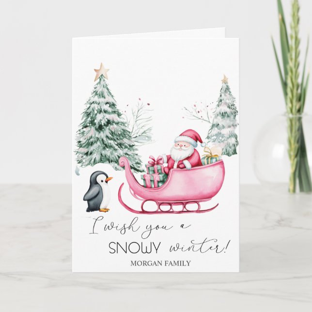 Tomte, släde, pingvin, skog helgkort (Framsida)