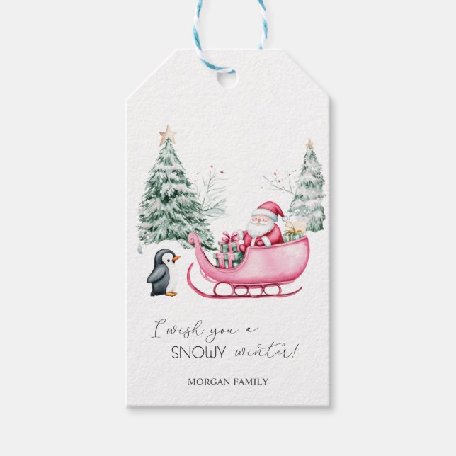 Tomte, släde, pingvin, skog presentetikett (Framsidan)
