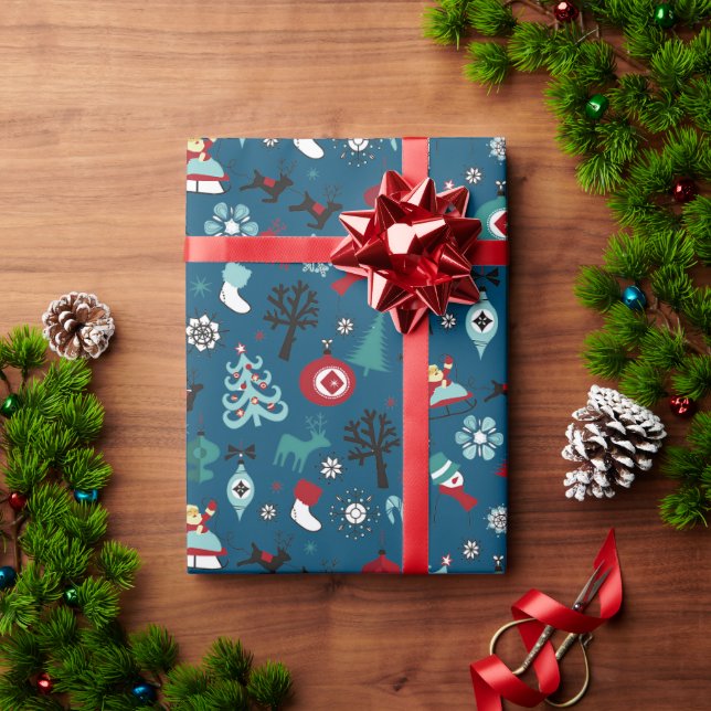 Tomte släde renar tallträd konst mönster presentpapper (Julgåva)