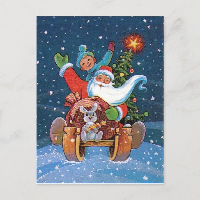 Tomte släde, vintage semester vykort (Framsida)