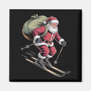 Tomte som åker skidor nerför snöiga sluttningar magnet