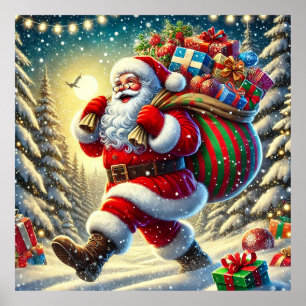 Tomte som delar ut presenter på en snöig jul poster