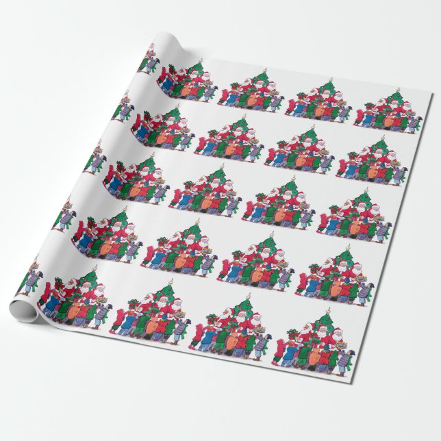 Tomte som ger presenter till barn vid träd presentpapper (Utrullad)