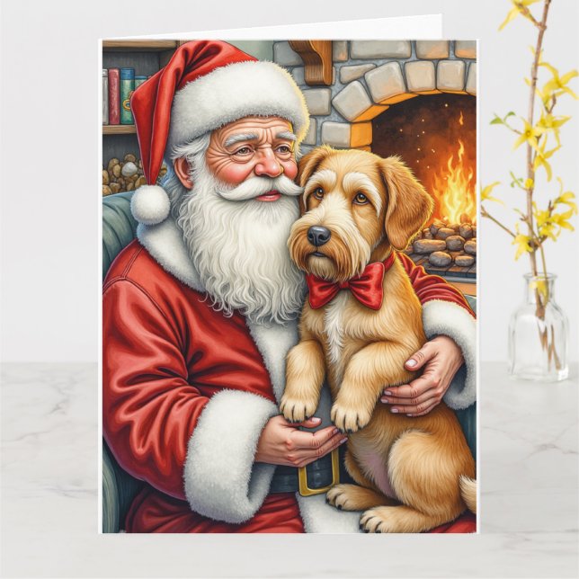 Tomte som håller Airedale julkonst Kort (Gul blomma)