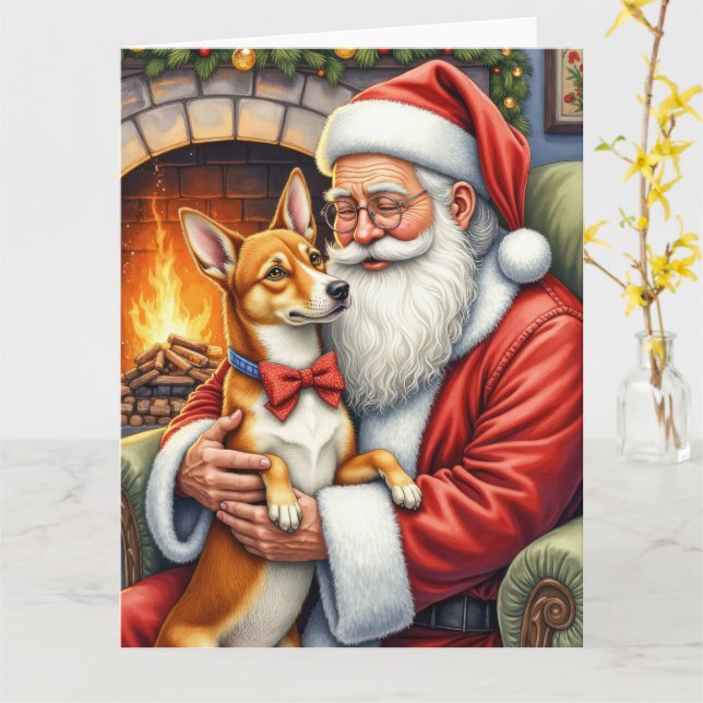 Tomte som håller Basenji julkonst Kort (Gul blomma)