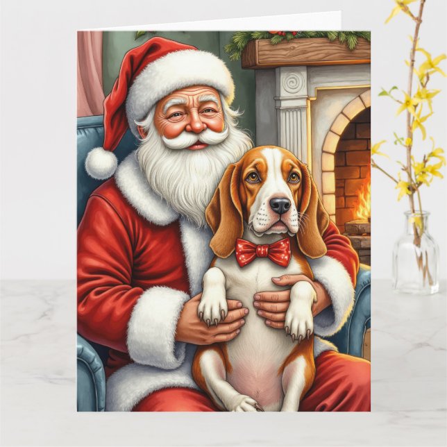 Tomte som håller Basset Hound julkonst Kort (Gul blomma)