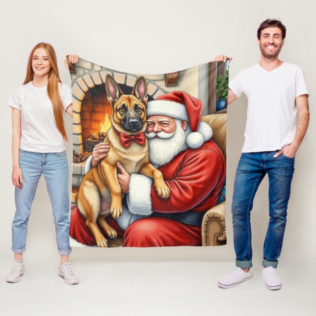 Tomte som håller belgisk malinois julkonst fleecefilt (På plats)
