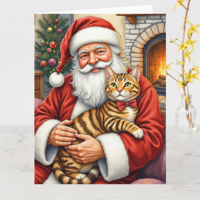 Tomte som håller Bengalisk katt Julkonst Kort (Gul blomma)