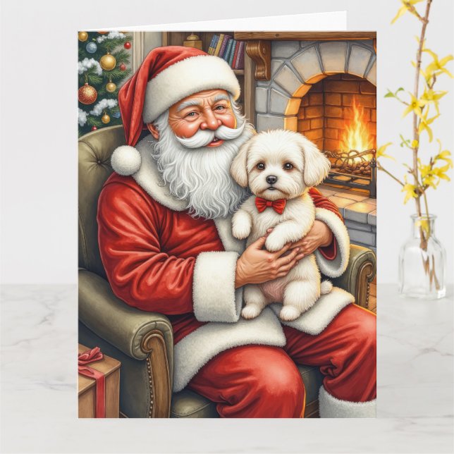 Tomte som håller Bichon Frise julkonst Kort (Gul blomma)