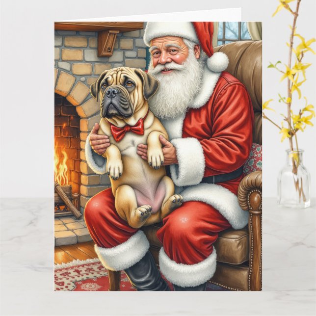 Tomte som håller Bullmastiff julkonst Kort (Gul blomma)