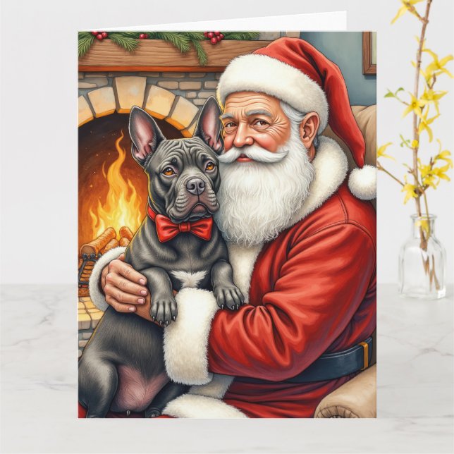 Tomte som håller Cane Corso julkonst Kort (Gul blomma)