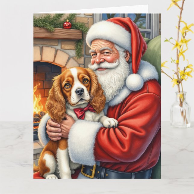 Tomte som håller Cavalier King Charles Spaniel  Kort (Gul blomma)