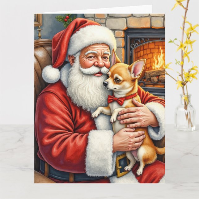 Tomte som håller Chihuahua julkonst Kort (Gul blomma)