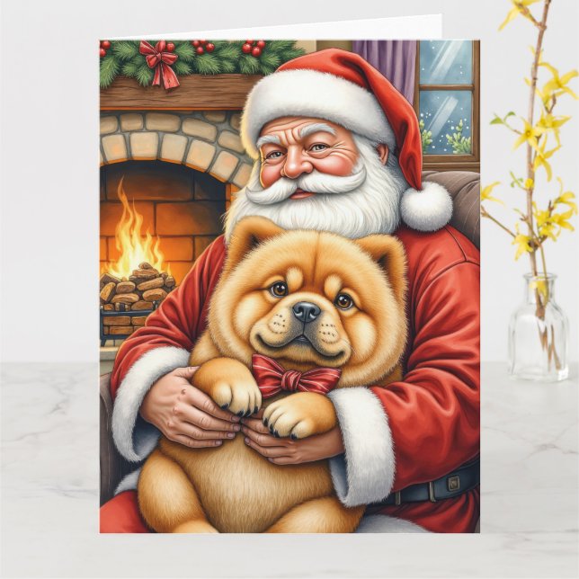 Tomte som håller Chow Chow julkonst Kort (Gul blomma)