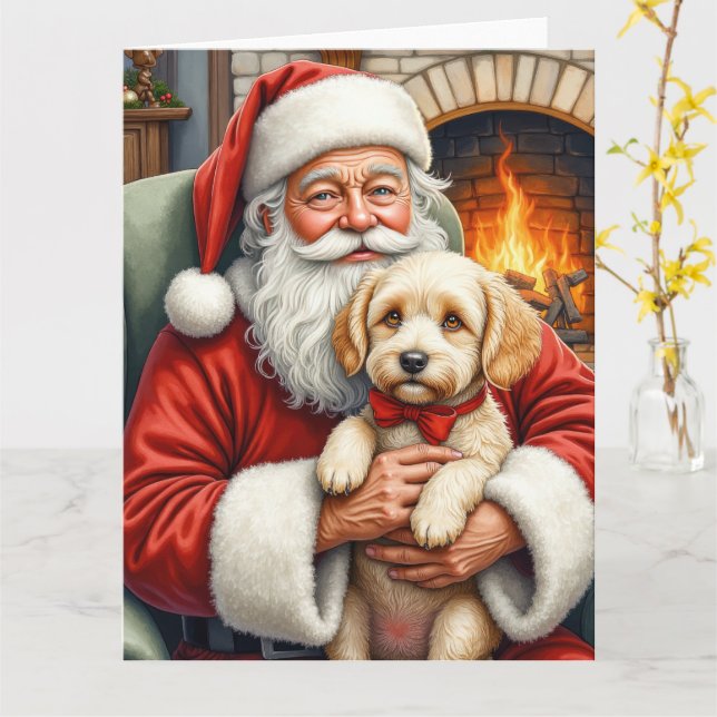 Tomte som håller Cockapoo julkonst Kort (Gul blomma)