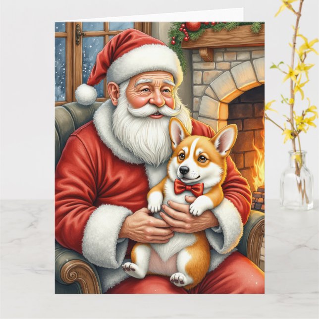 Tomte som håller Corgi julkonst Kort (Gul blomma)