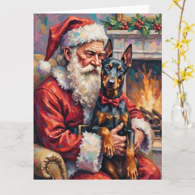 Tomte som håller Doberman julkonst Kort (Gul blomma)