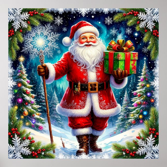 Tomte som håller en present bland vinterscenerier poster (Framsidan)