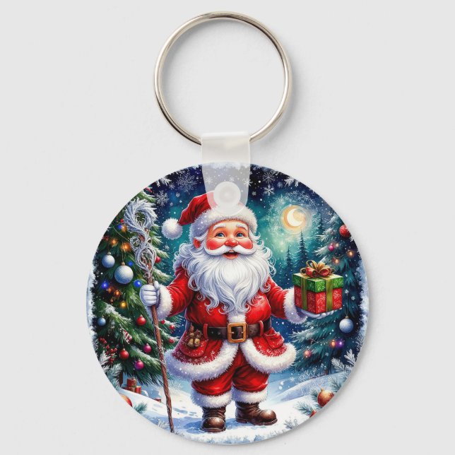 Tomte som håller en present i en magisk jul nyckelring (Framsida)