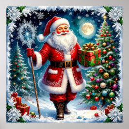 Tomte som håller en present i en magisk jul poster