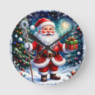 Tomte som håller en present i en magisk jul rund klocka