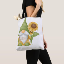 Tomte som håller en solros och noter på en toteväs