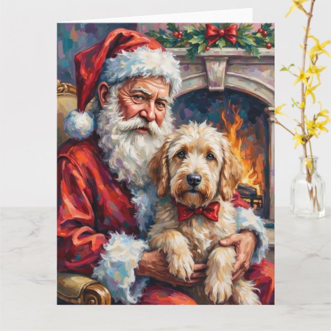 Tomte som håller gammal engelsk herdehund jul kort (Gul blomma)