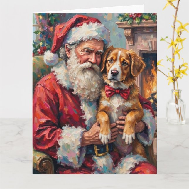 Tomte som håller i en Greater Swiss Mountain Dog Kort (Gul blomma)