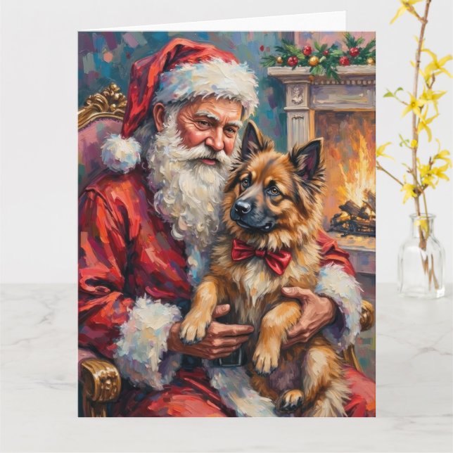 Tomte som håller Keeshond julkonst Kort (Gul blomma)