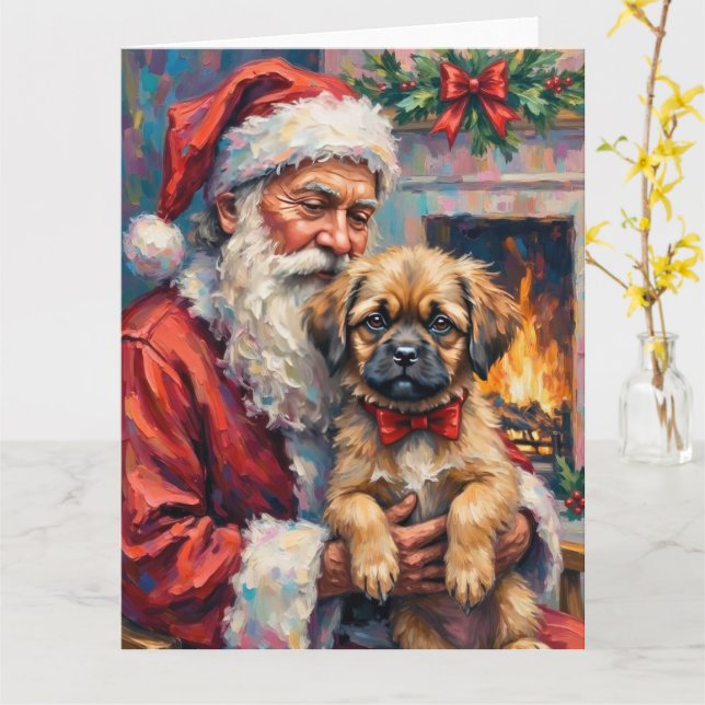 Tomte som håller Lhasa Apso julkonst Kort (Gul blomma)