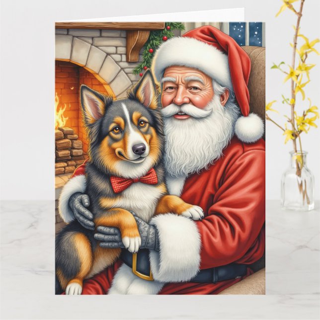 Tomte som håller på Australian Shepherd jul  Kort (Gul blomma)