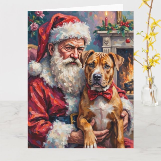 Tomte som håller Pitbull julkonst Kort (Gul blomma)