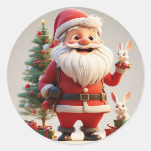 Tomte som håller present med kaniner runt klistermärke