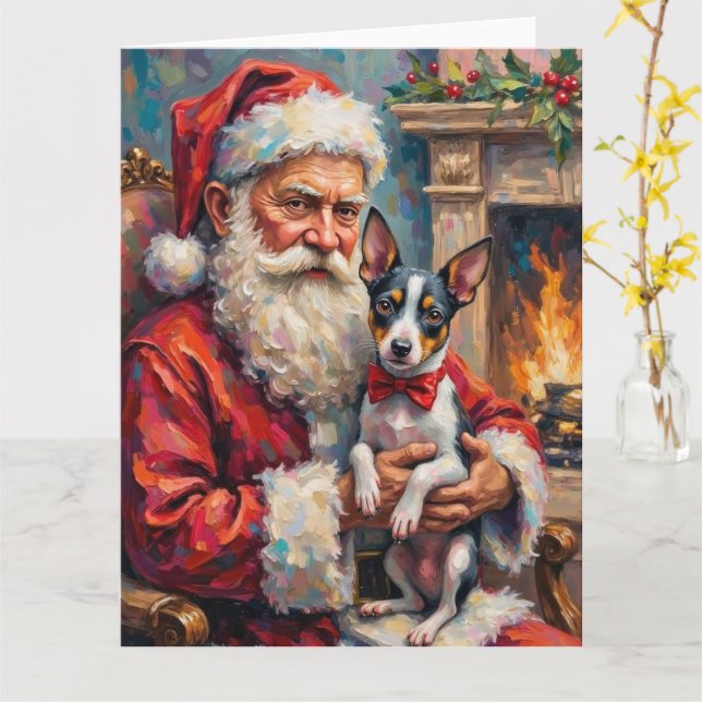 Tomte som håller Rat Terrier julkonst Kort (Gul blomma)
