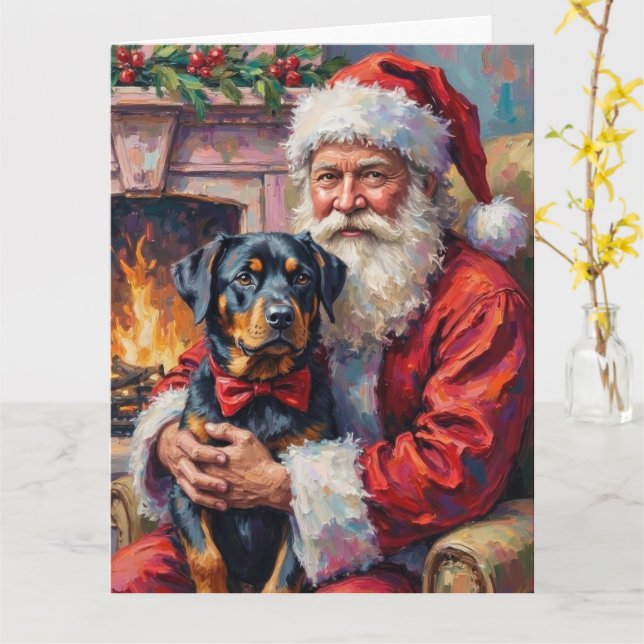 Tomte som håller Rottweiler Julkonst Kort (Gul blomma)