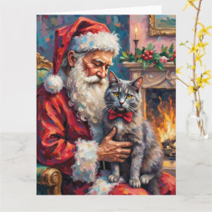 Tomte som håller rysk blå katt julkonst kort