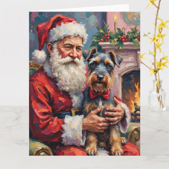 Tomte som håller Schnauzer julkonst Kort (Gul blomma)