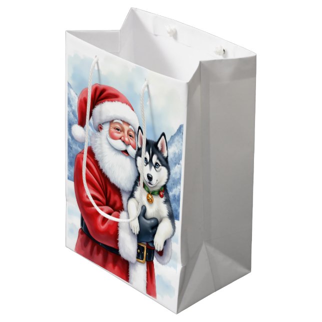 Tomte som håller sibirisk husky julkonst (Framsidan Vinklad)