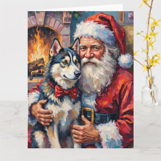 Tomte som håller sibirisk husky julkonst kort (Gul blomma)