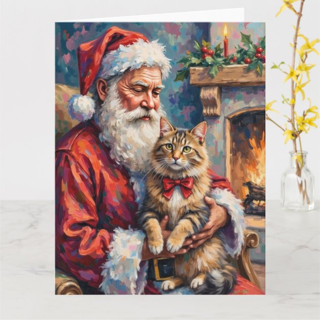 Tomte som håller sibirisk katt julkonst kort (Gul blomma)