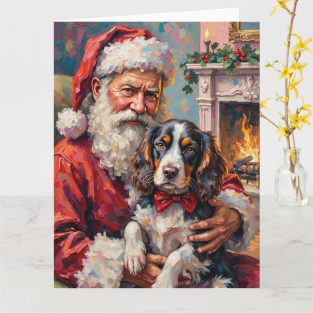 Tomte som håller Springer Spaniel julkonst Kort (Gul blomma)