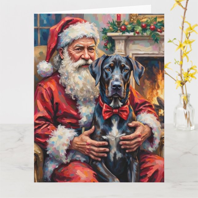 Tomte som håller stor Grand Danois julkonst Kort (Gul blomma)
