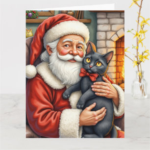 Tomte som håller svart katt julkonst kort
