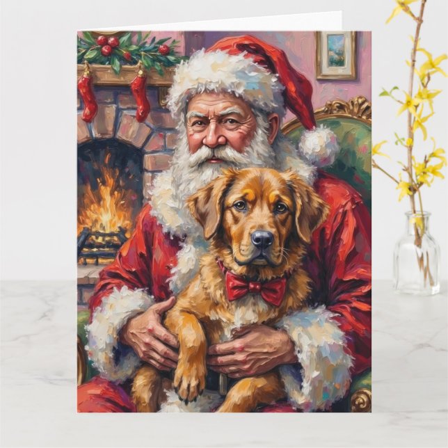 Tomte som håller tibetansk mastiff julkonst kort (Gul blomma)