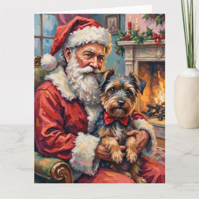 Tomte som håller tibetansk terrier julkonst kort (Framsida)