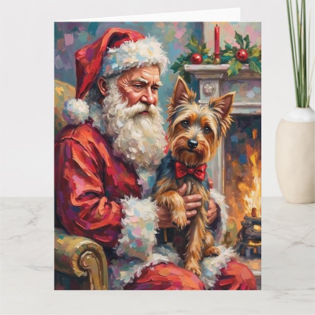 Tomte som håller Yorkshire Terrier jul  Kort (Framsida)