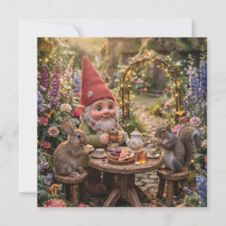 Tomte som har tesalong med kanin och ekorre julkort