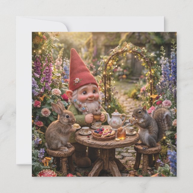 Tomte som har tesalong med kanin och ekorre julkort (Framsida)