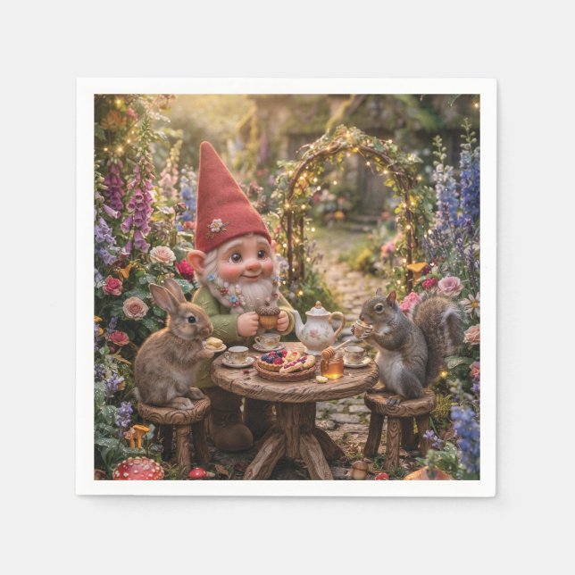 Tomte som har tesalong med kanin och ekorre pappersservett (Framsidan)