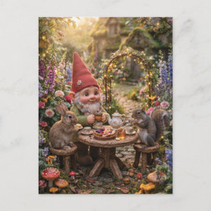 Tomte som har tesalong med kanin och ekorre vykort